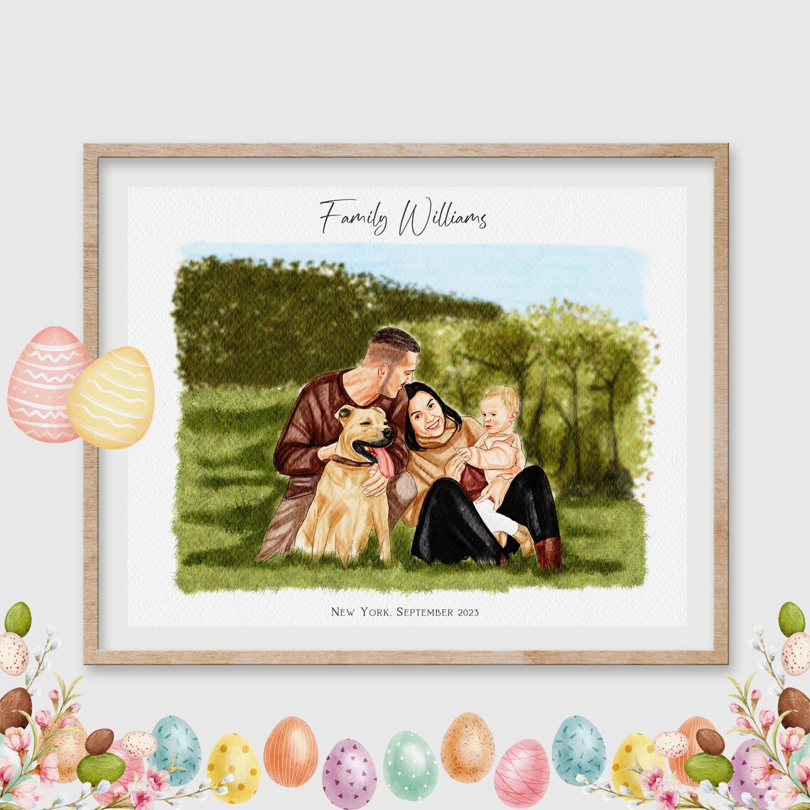 Custom Family Portrait with Baby and Dog in Sunny Park Print Gift
