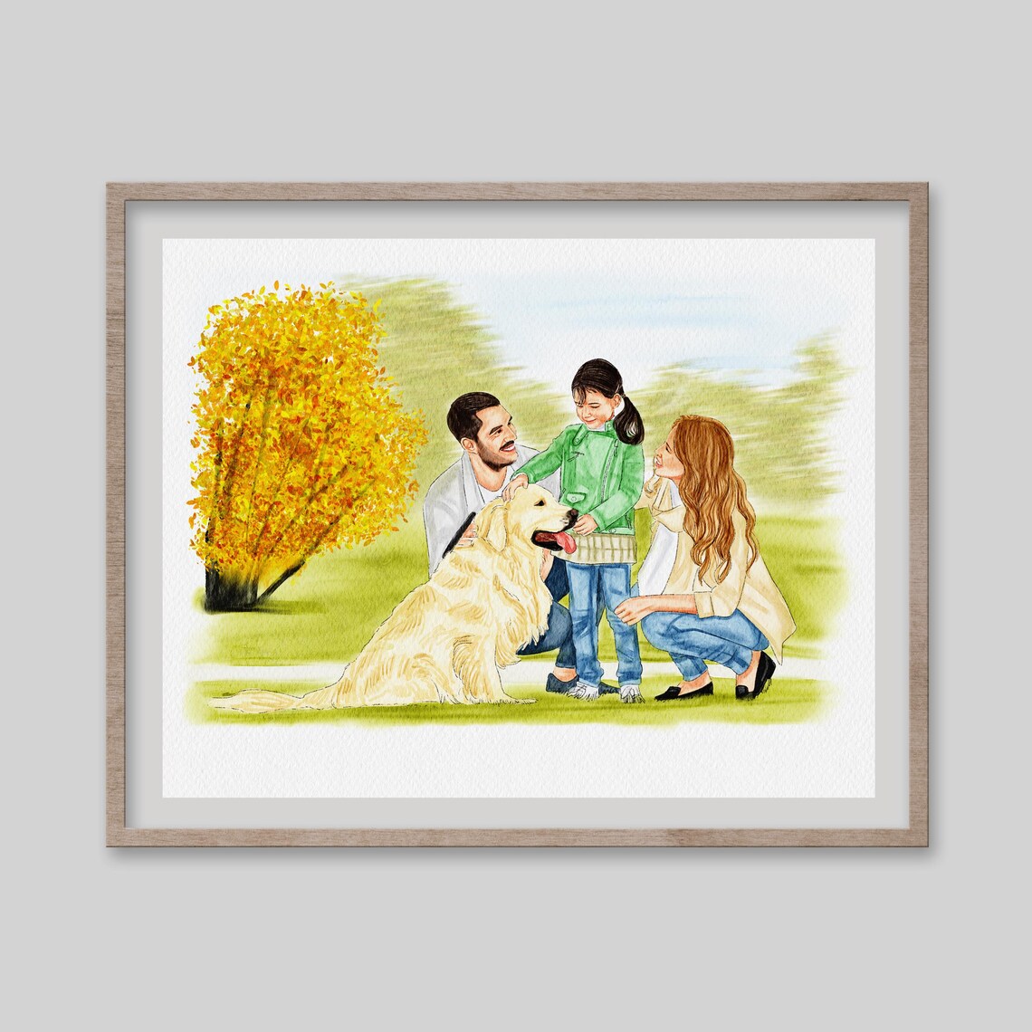 Custom Watercolor Family with Golden Retriever Park Portrait Poster