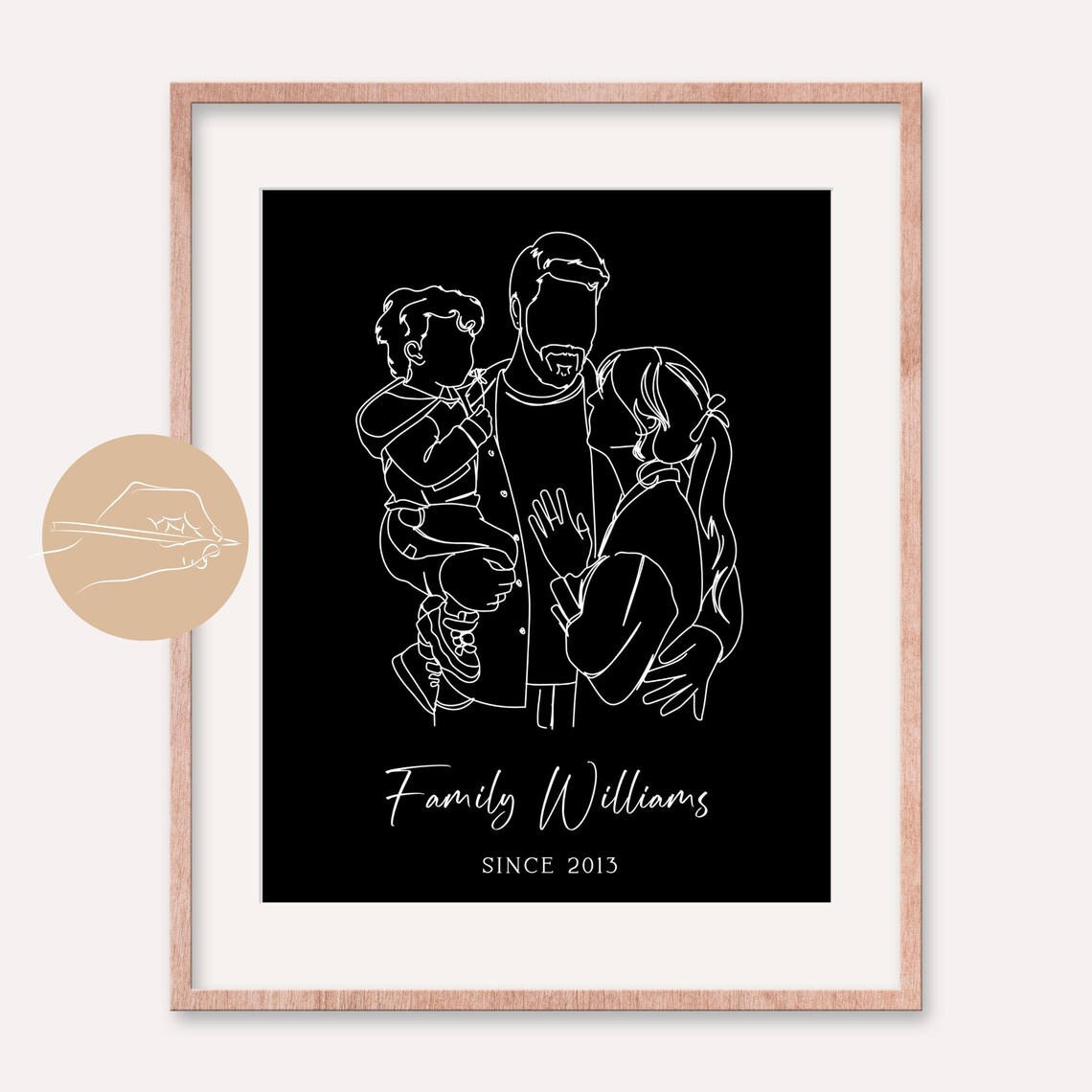 Black Line Art Family of Three Portrait Poster Custom Name Gift