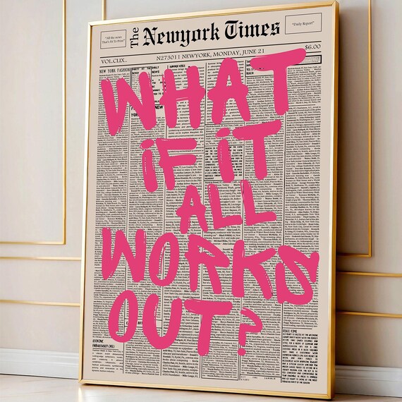 Retro Pink What If It All Works Out Typography Poster Newspaper Print Trendy Wall Art Motivational Canvas