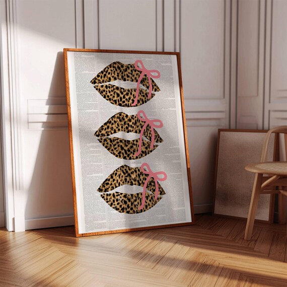 Leopard Kiss Lips Wall Art Kisses Retro Newspaper Printtrendy Artpink Bows Coquette Decordigital Printsfunky