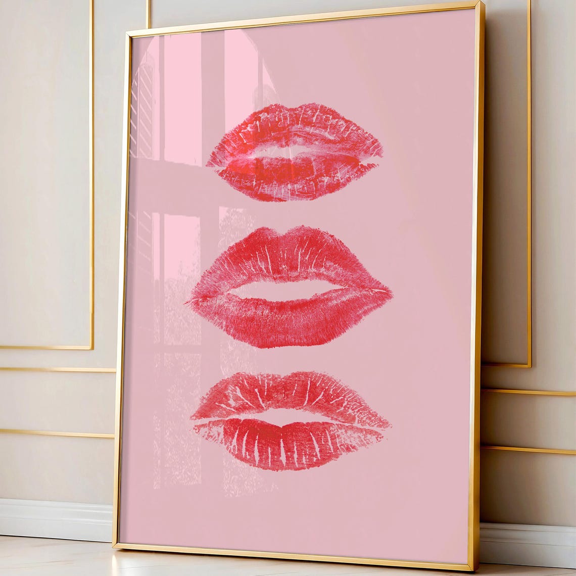 Red Kiss Lips Pink Background Retro Pop Glam Trio Art Poster