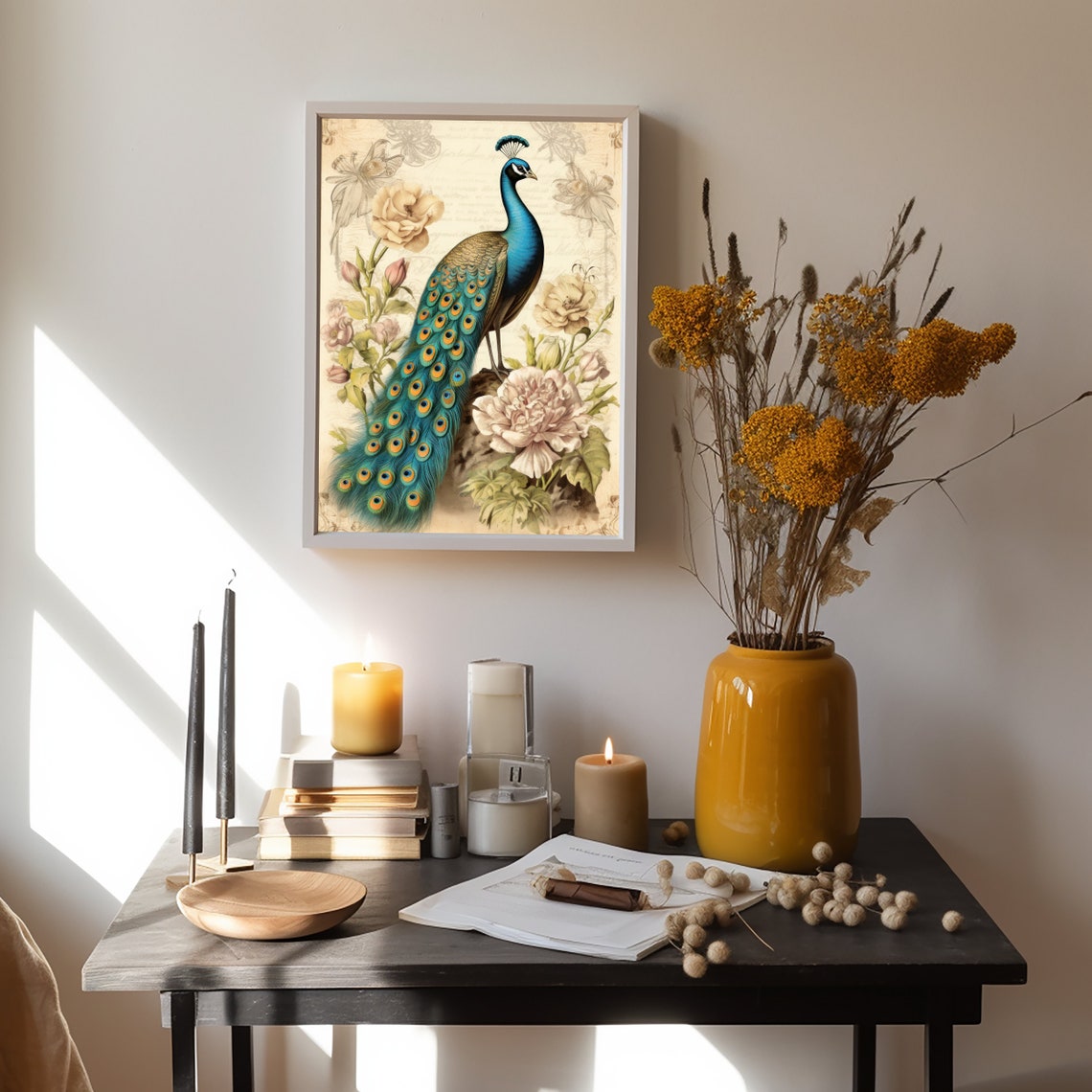 Vintage Peacock With Roses Antique Botanical Style Bird Print - Image 3