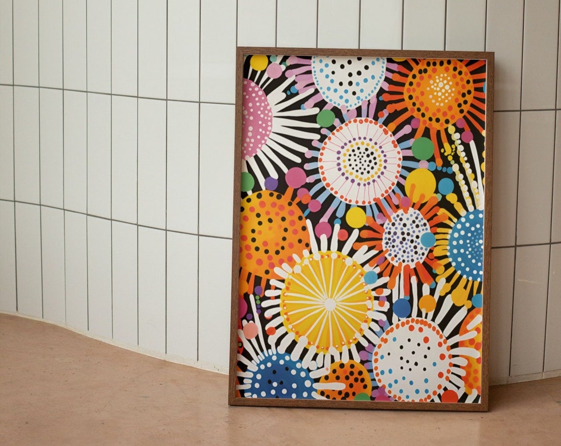 Fireworks Floral Dotted Circles Black Background Abstract Poster