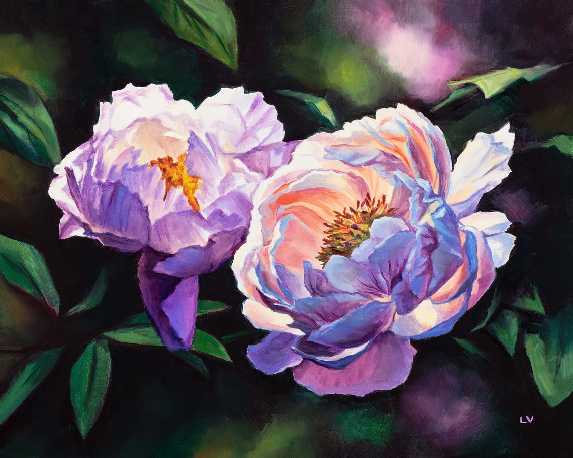 Blush Pink Peony Blossoms Blooming Against a Dark Moody Garden Poster - Image 6