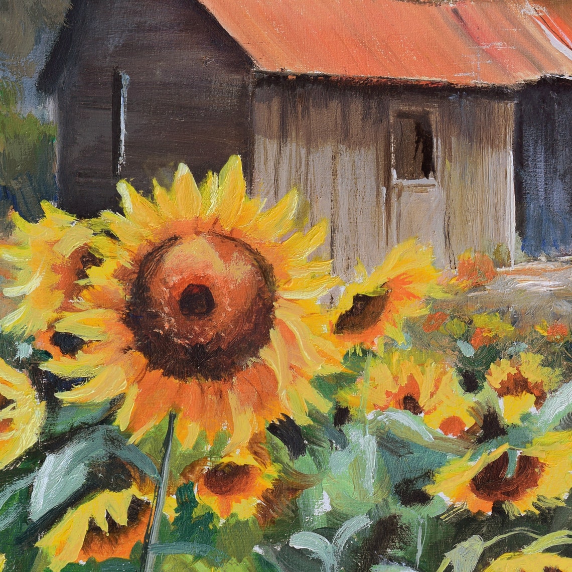 Sunflower Field in Front of a Rustic Cabin with a Red Tin Roof Poster - Image 3