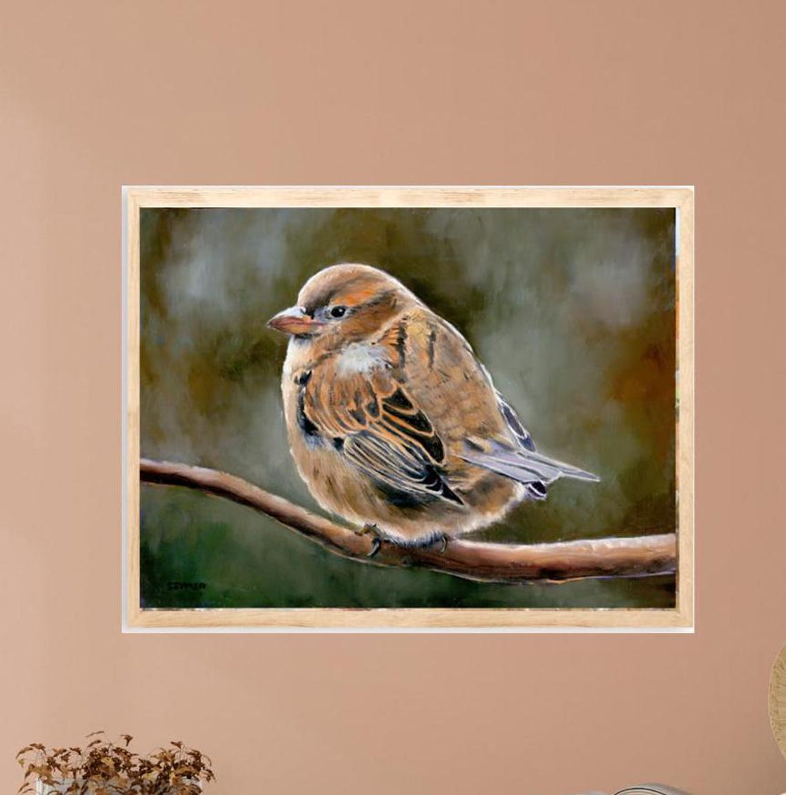 Brown Sparrow On Branch Realistic Bird Oil Painting Wildlife Poster