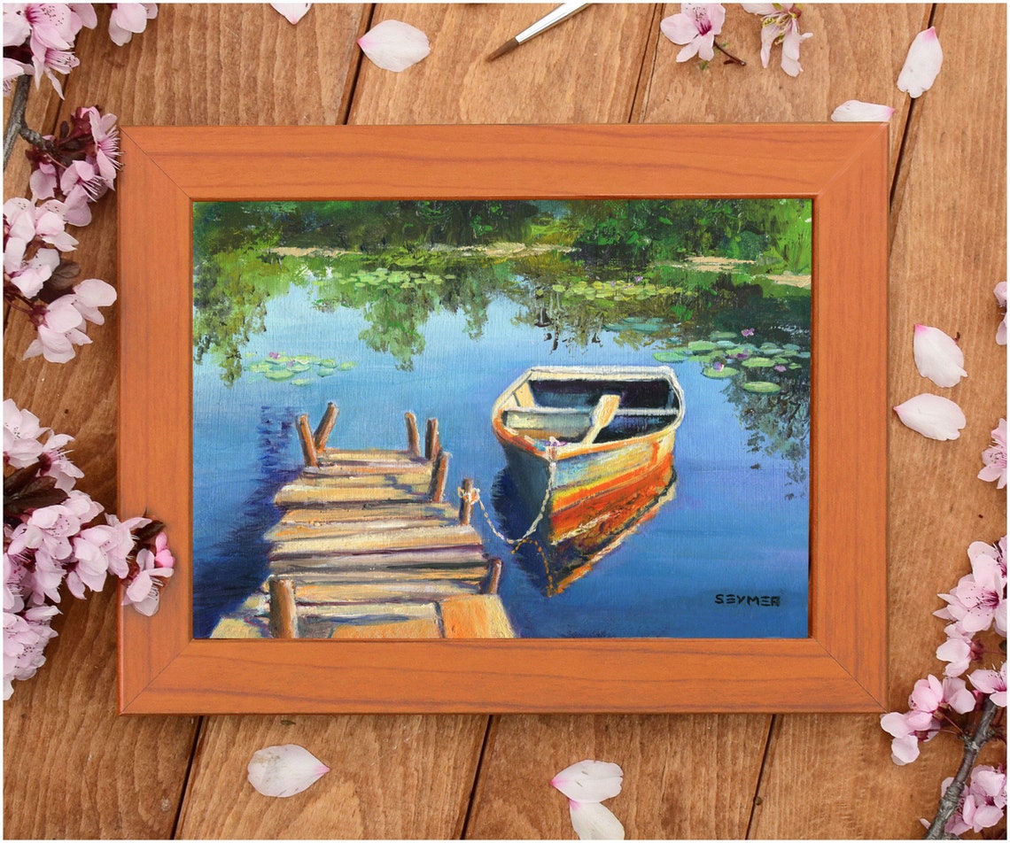 Boat On A Wooden Pier Original Painting Water Lilies Blue Lake Fishing Rowing Boat Nautical Summer Scene Calme Boat Art Lake House Decor - Image 2