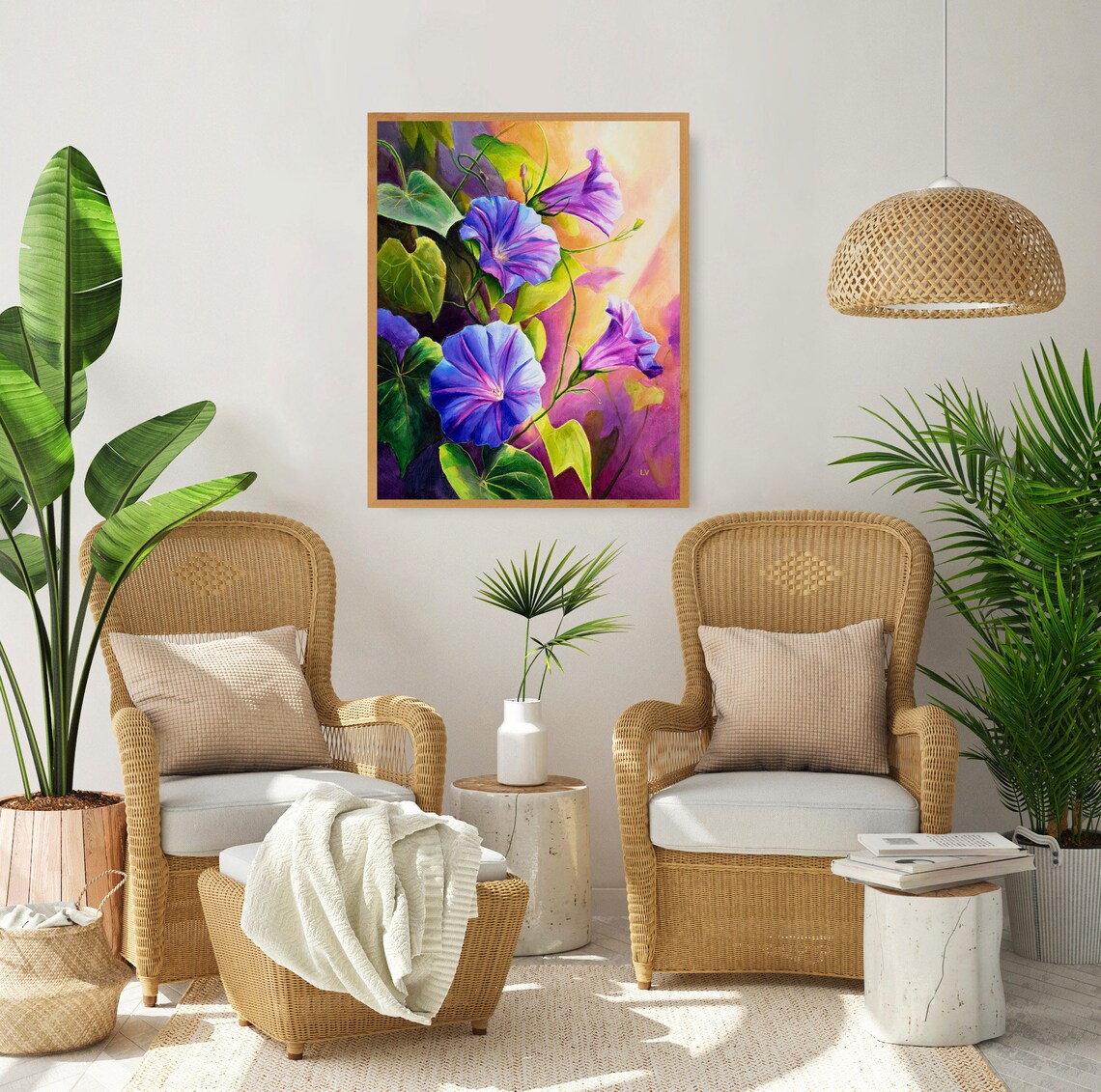 Blue Morning Glory Flowers in Sunlight Oil Painting Floral Poster - Image 4