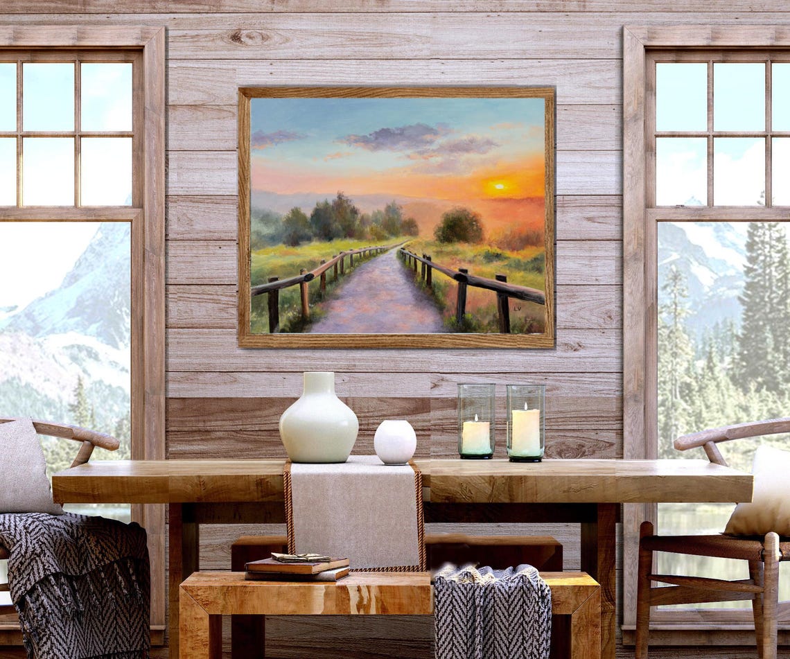Relaxing Landscape Original Oil Painting Peaceful Sunset Art Country Road Wooden Fence Vibrant Sunshine Artwork Spring Framed Wall Art - Image 4
