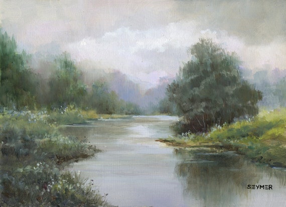 Vintage Landscape Art Print, Neutral Country River