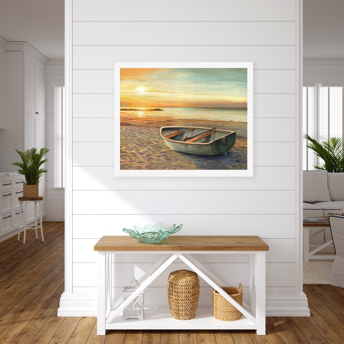 Rowboat On Shore At Sunset Beach Ocean Landscape Painting Poster - Image 4
