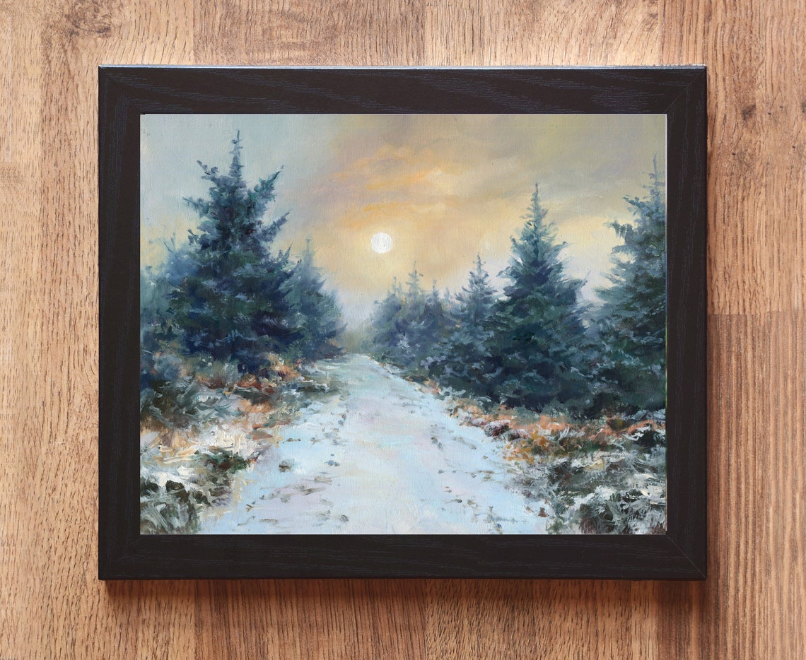Misty Forest Original Oil Painting Fir Trees Landscape Fine Art Winter Snow Artwork Road Pine Snow Oil Painting Framed Cabin Decor Misty Sky - Image 5