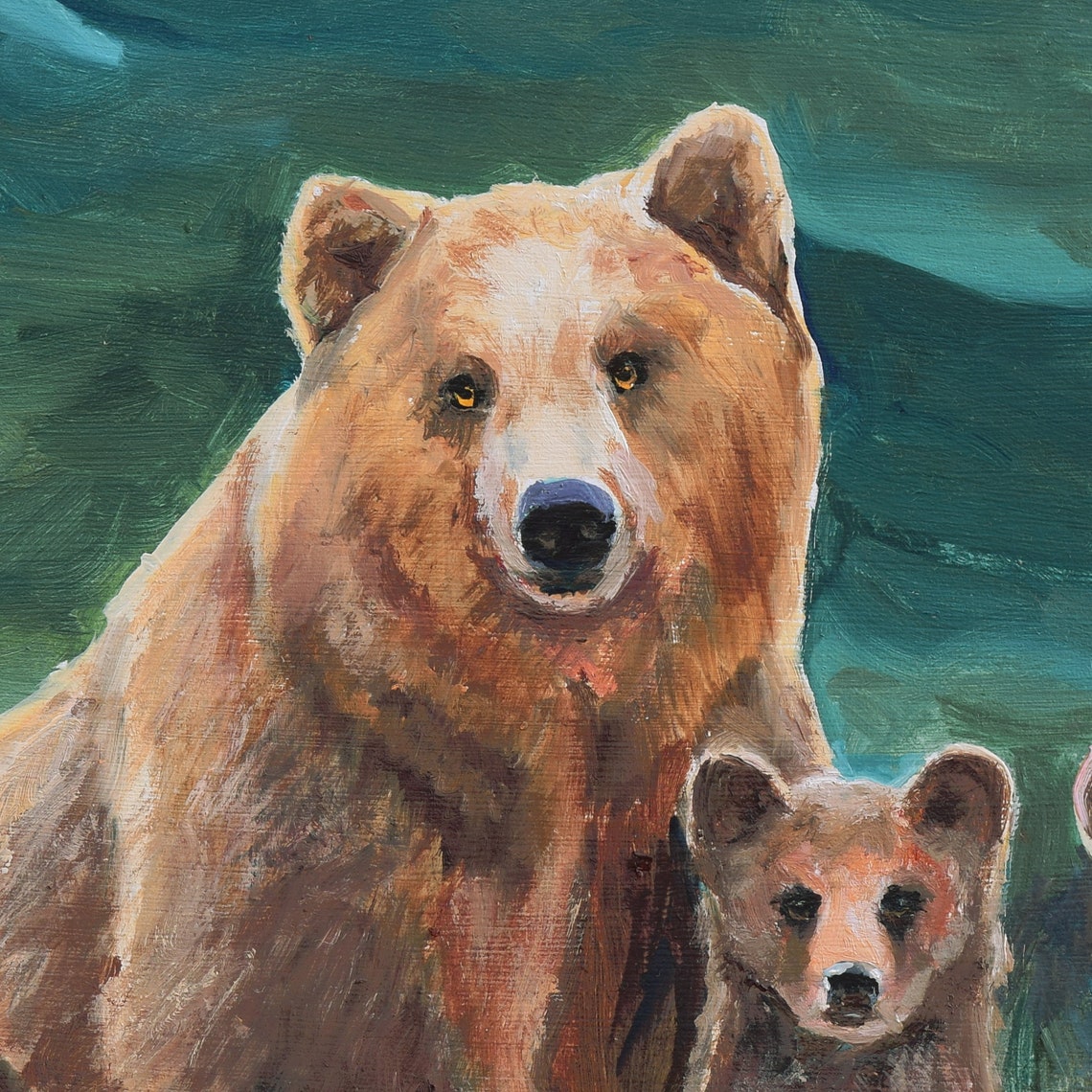 Mama Brown Bear Watching Over Two Cubs in a Green Meadow Poster - Image 3