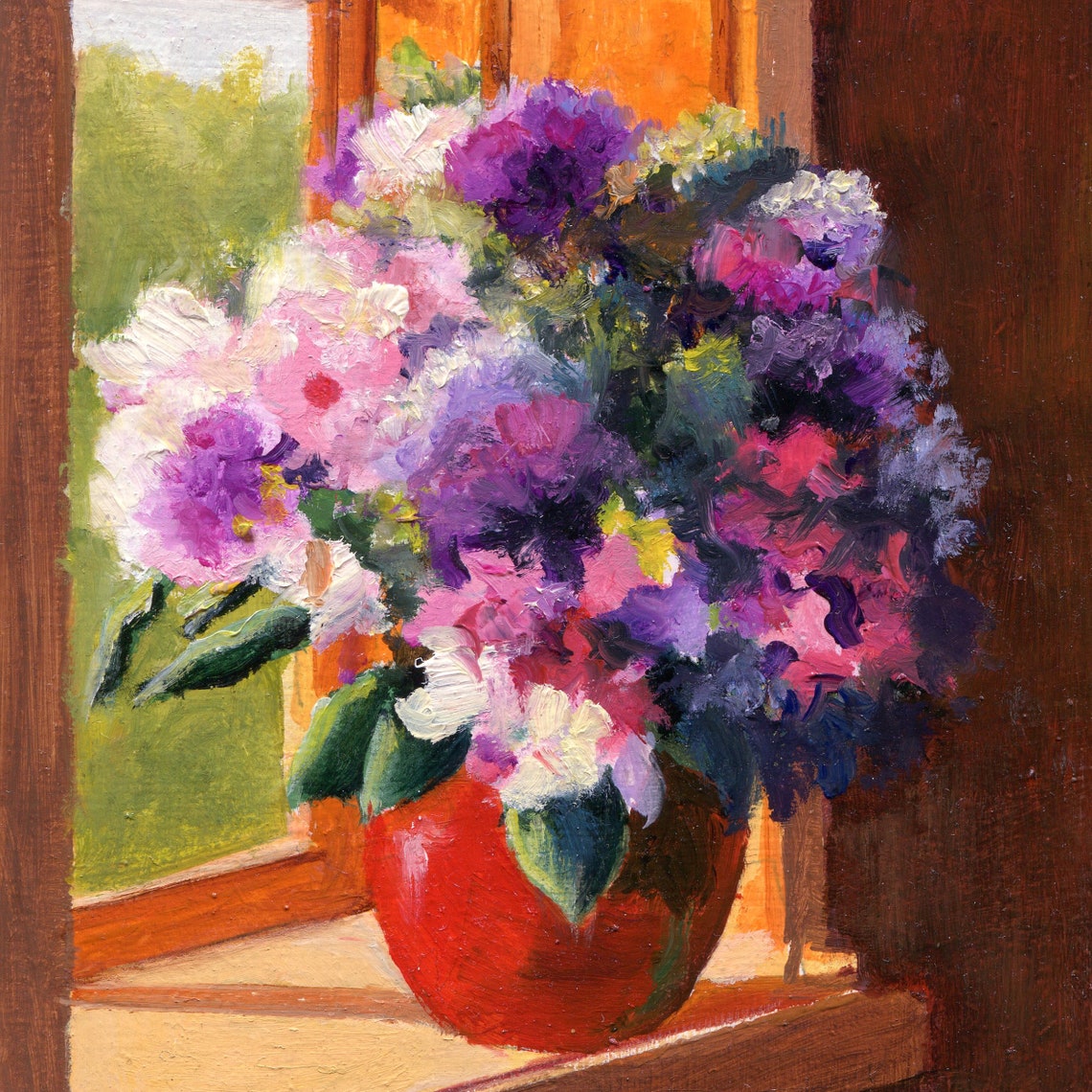 Purple and Pink Bouquet in a Red Vase on a Sunlit Windowsill Poster - Image 5