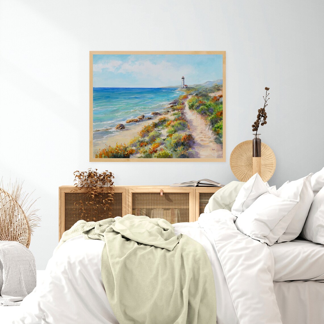 Coastal Lighthouse Path Wildflowers Rocky Seashore Oil Painting Poster - Image 5