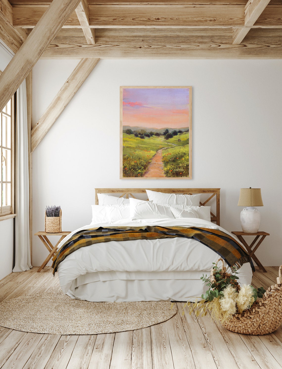 Country Path Painting Meadow Landscape Artwork Sunrise Oil Painting Pink Sky Art Small Artwork For Country Living Room Brown Framed Art - Image 4