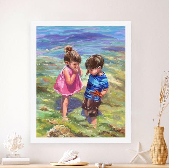 Beach People and Starfish, Summer Art Print