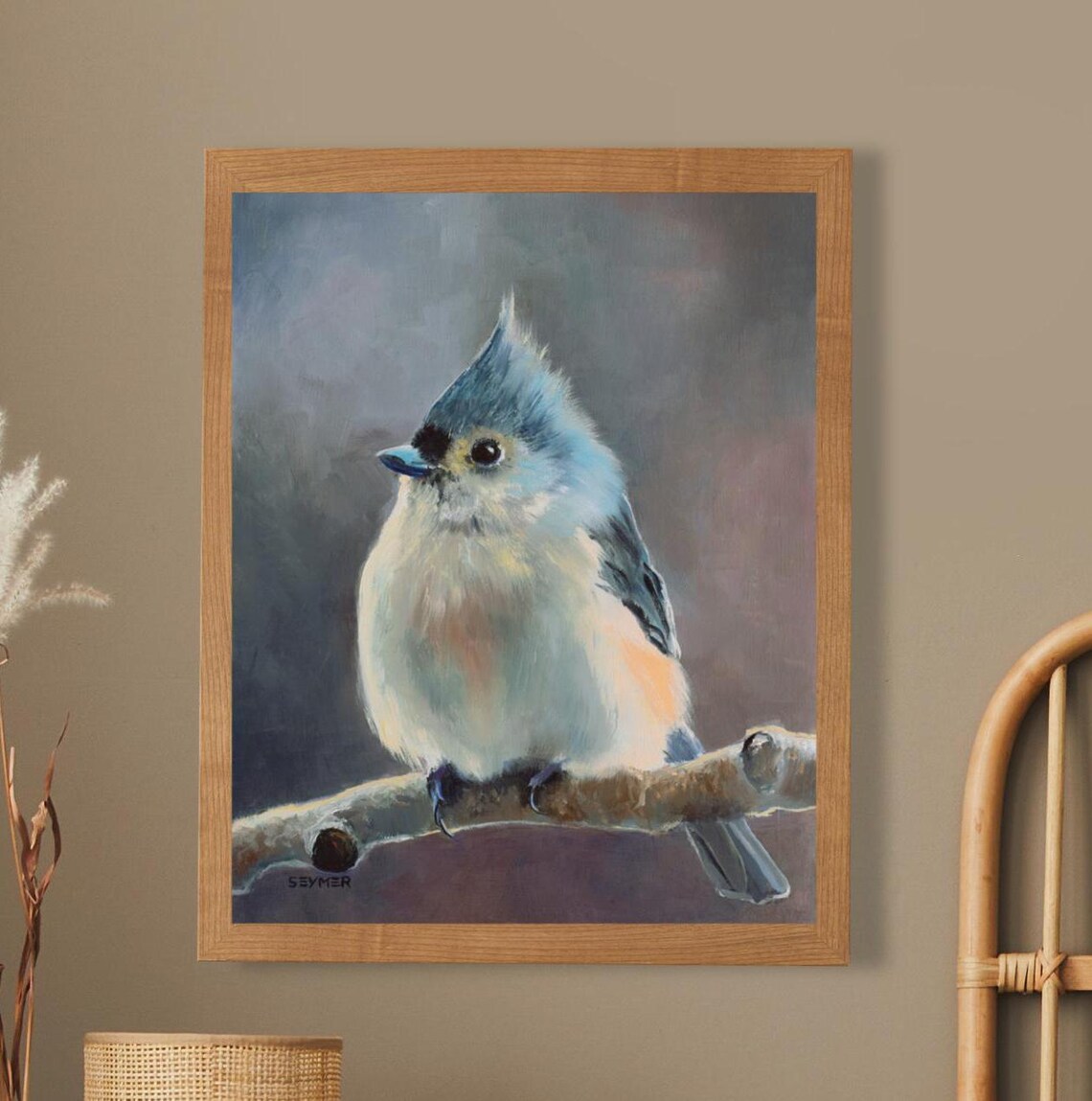 Blue Tufted Titmouse Oil Painting Art Print, Farmhouse