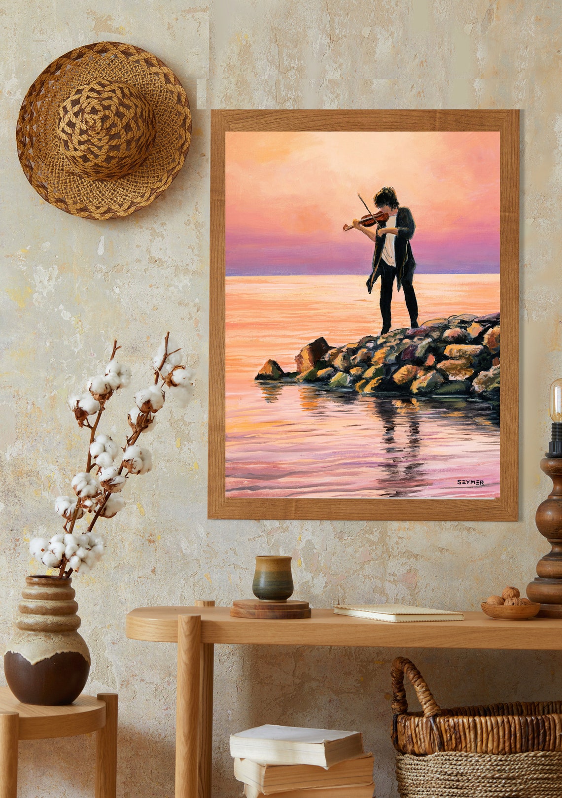Violinist Playing on a Rocky Shore at Sunset over the Sea Poster - Image 6