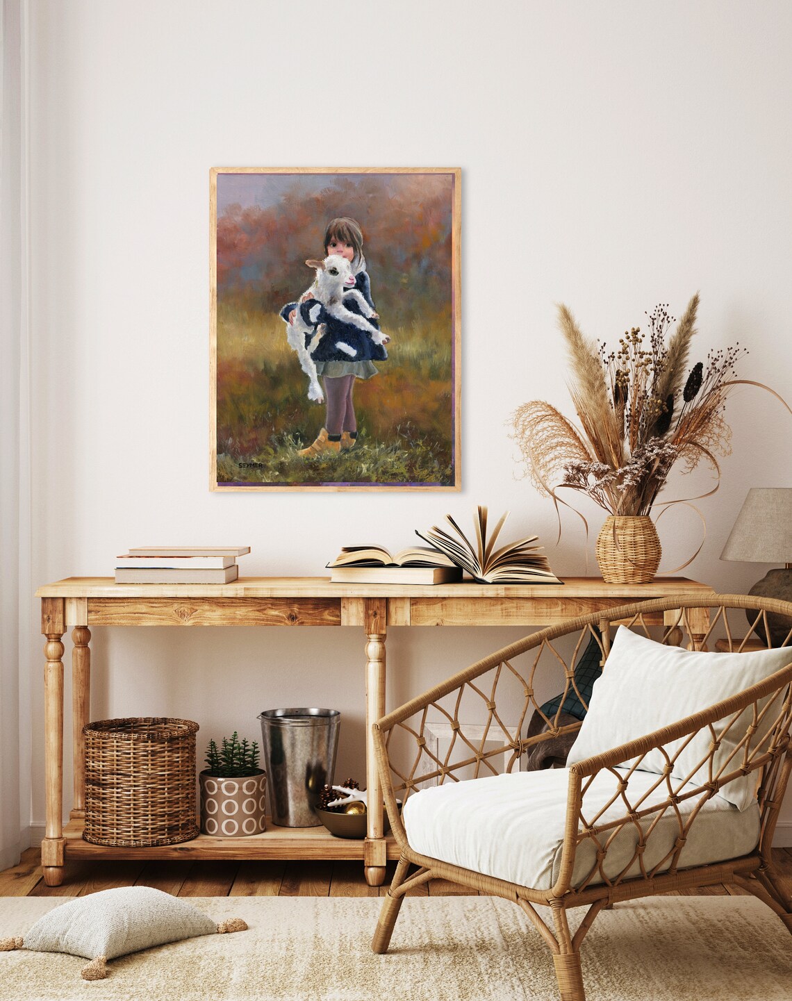 Little Girl Carrying Lamb In Field Farmhouse Oil Painting Poster - Image 4