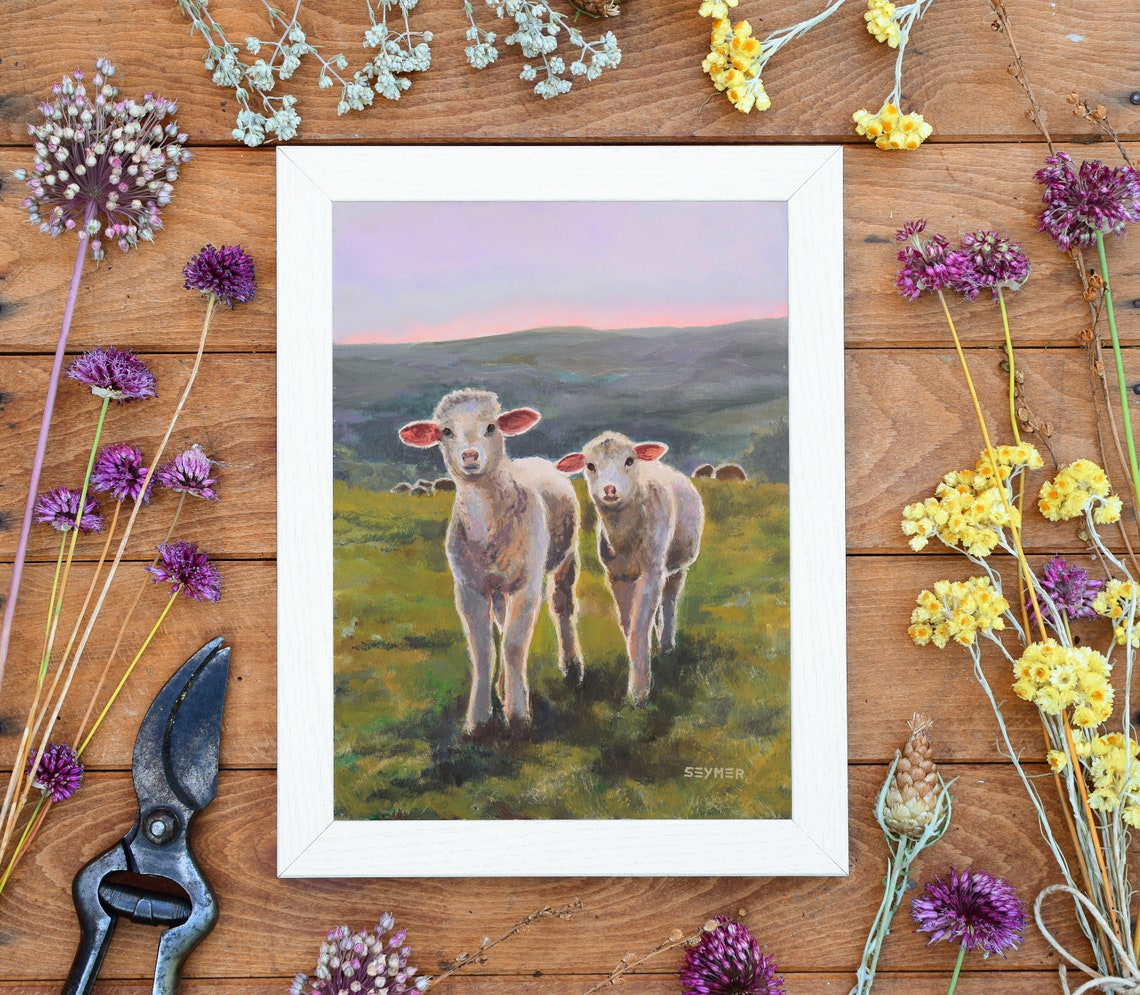Two Curious Lambs in a Green Meadow at Pink Sunset Oil Painting Poster - Image 5