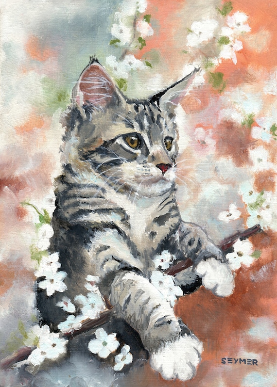 Tabby Cat Nestled Among White Spring Blossoms Painting Poster