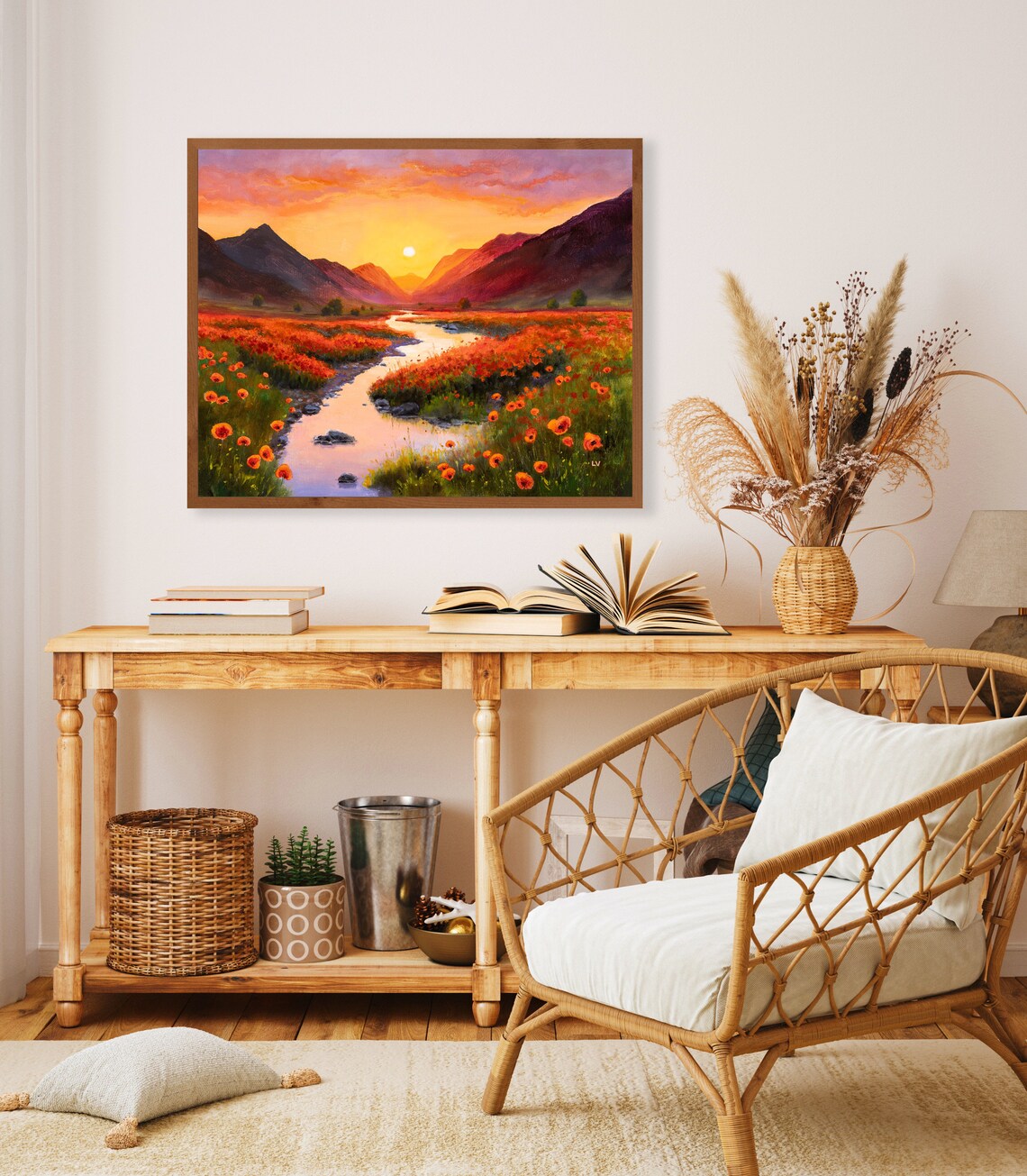 Golden Hour Mountains Meadow Art Print, Warm Decor - Image 4