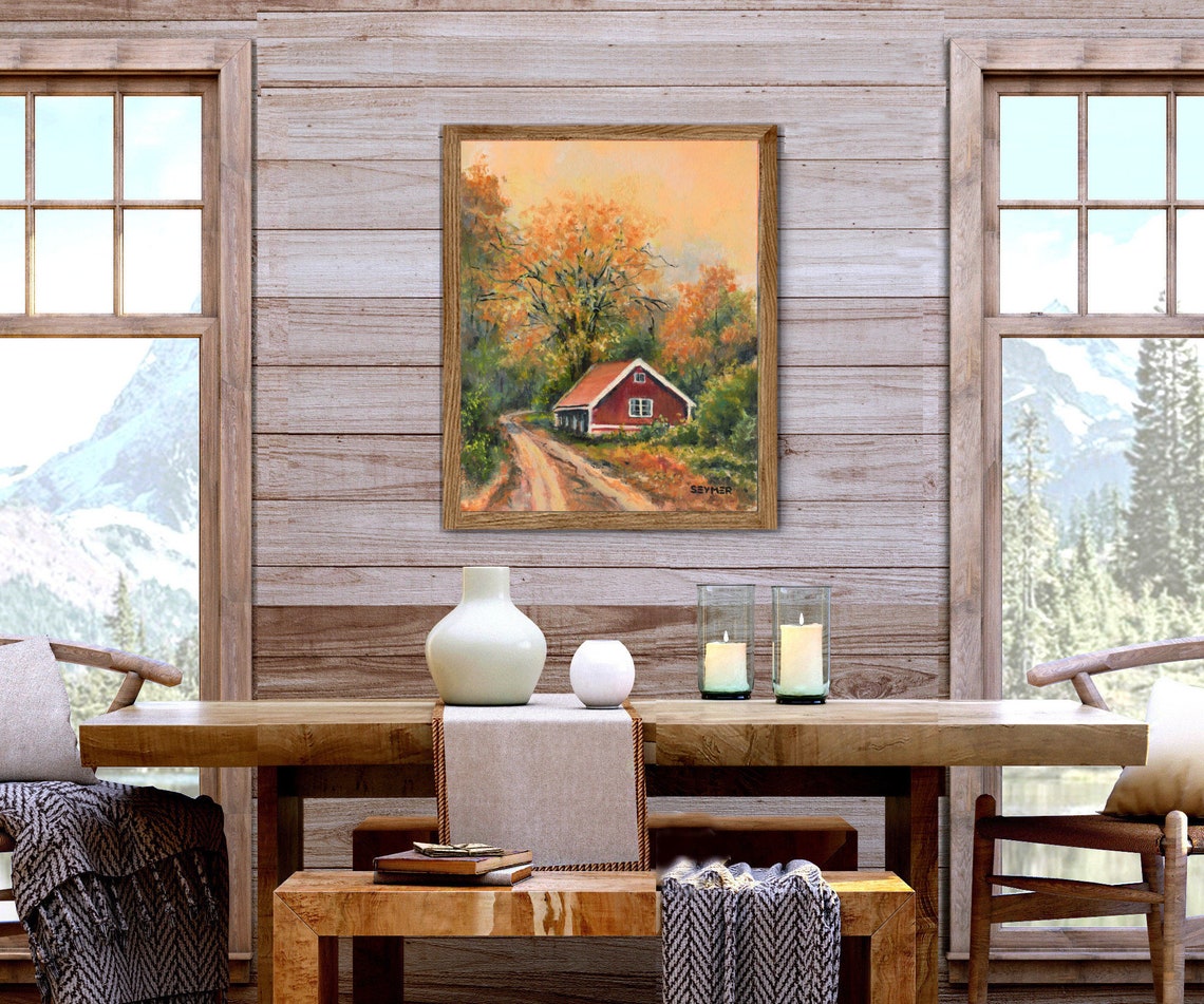 Red Country Cabin Nestled Among Autumn Trees at Warm Dusk Poster - Image 5