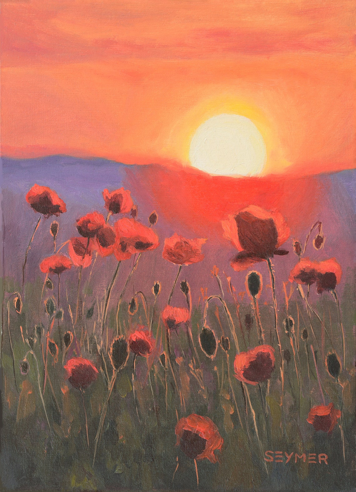 Red Poppies Swaying in the Wind Against a Fiery Sunset Poster