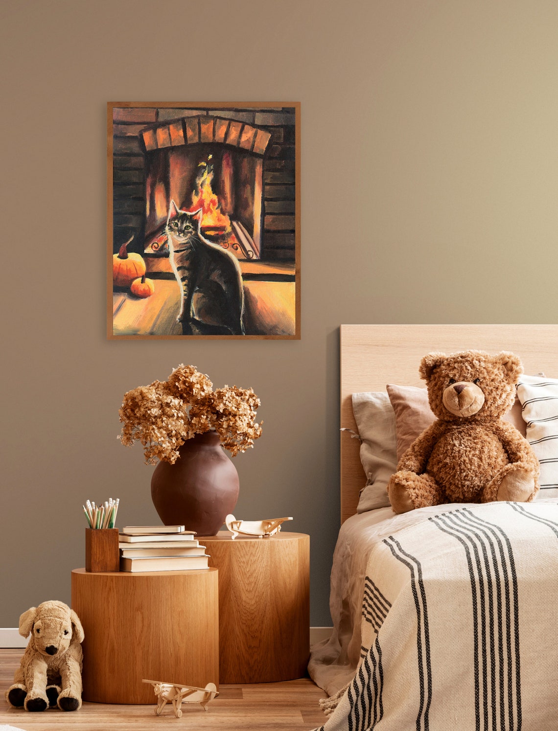 Tabby Cat By Fireplace Autumn Oil Painting With Pumpkins Poster - Image 4