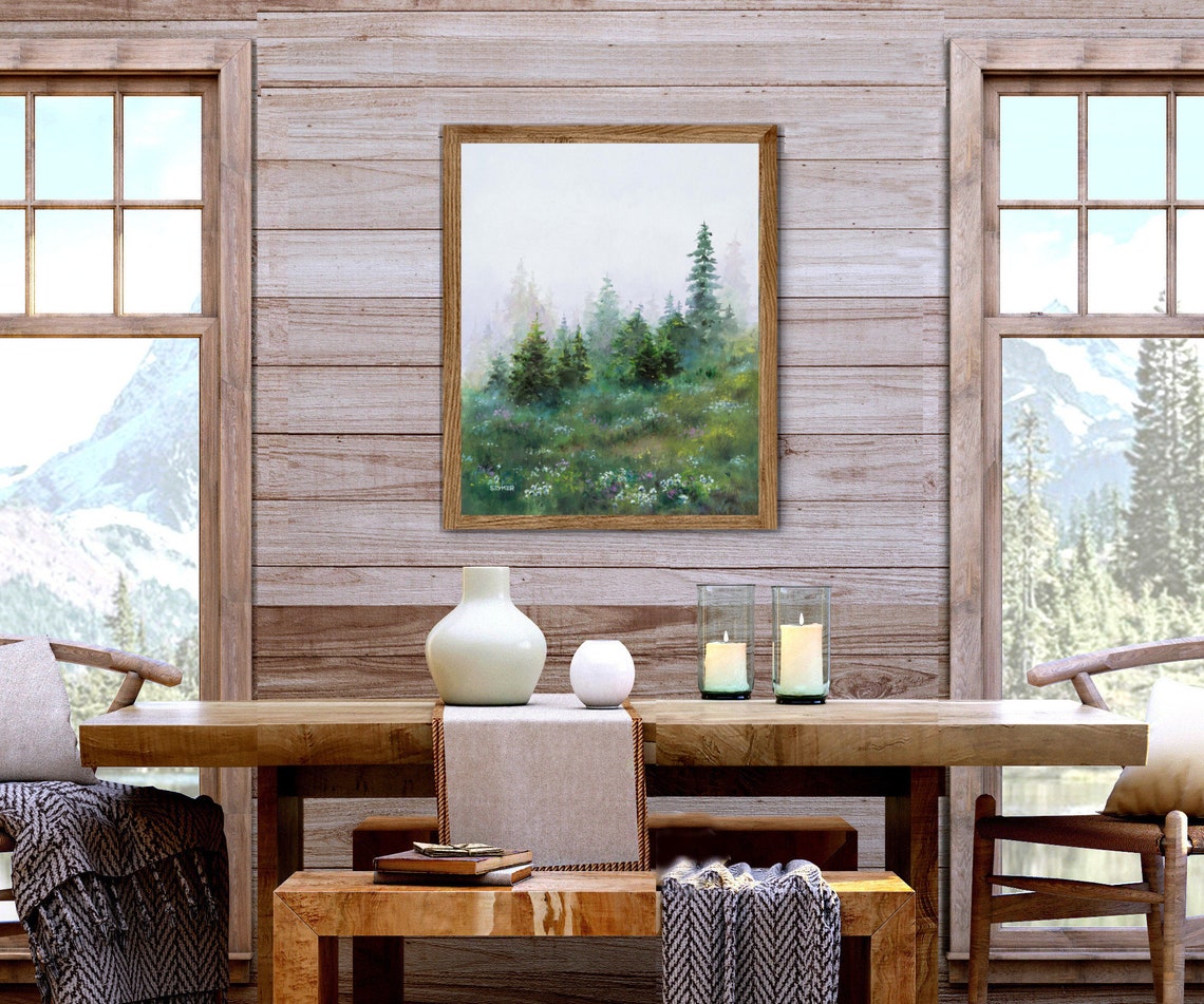 Foggy Trees Painting Original Misty Green Landscape Fir Trees Fog Neutral Living Room Decor Wall Art Moody Landscape Farmhouse Kitchen Art - Image 6