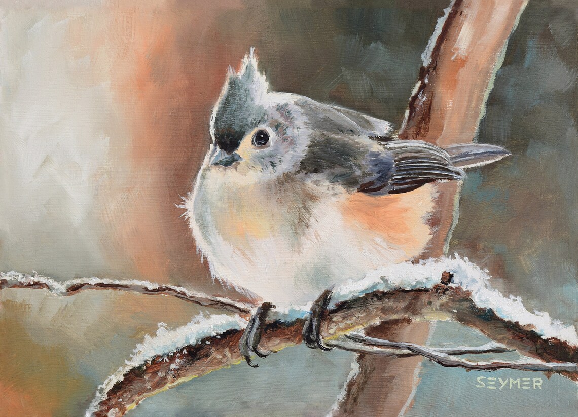 Vintage Titmouse Bird Oil Painting Wildlife Art Print