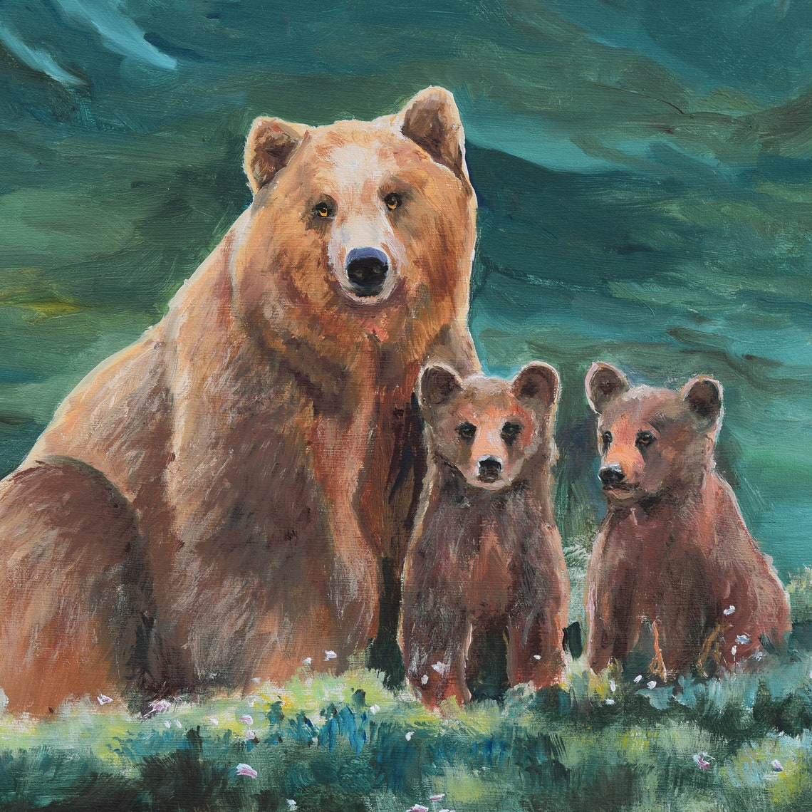 Mama Brown Bear Watching Over Two Cubs in a Green Meadow Poster - Image 5