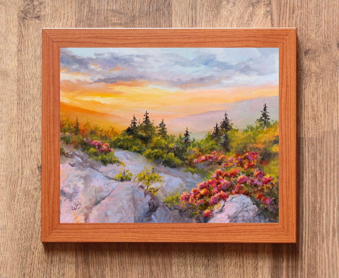 Great Smoky Mountains Art Original Blue Ridge Mountains Parkway Panoramic Sunset Oil Painting Rhododendron Bloom Fireplace Wall Decor - Image 2
