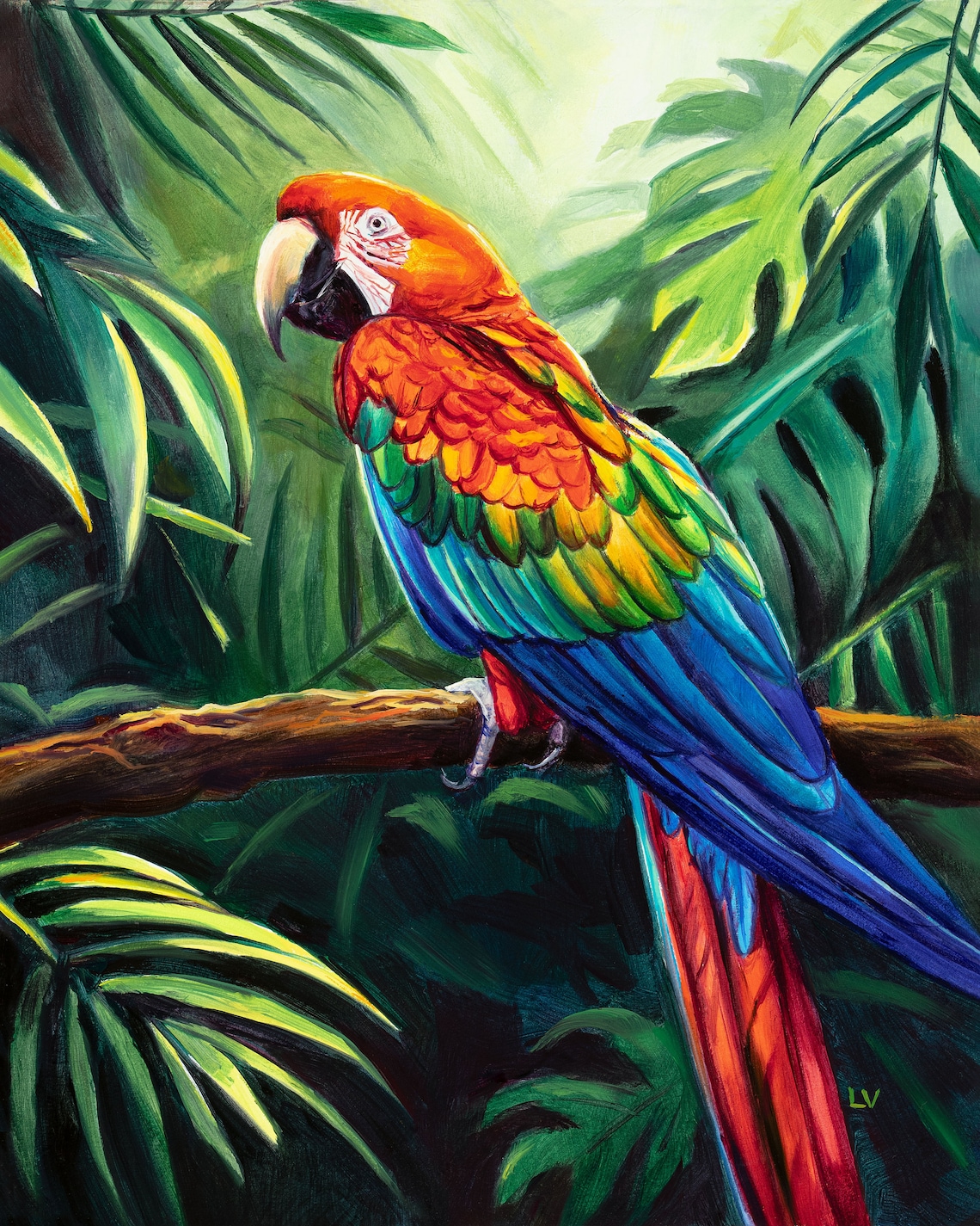 Red Parrot Oil Painting Art Print, Tropical Bird Portrait