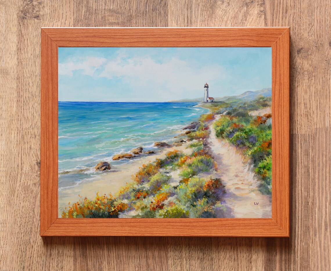 Coastal Lighthouse Path Wildflowers Rocky Seashore Oil Painting Poster - Image 3