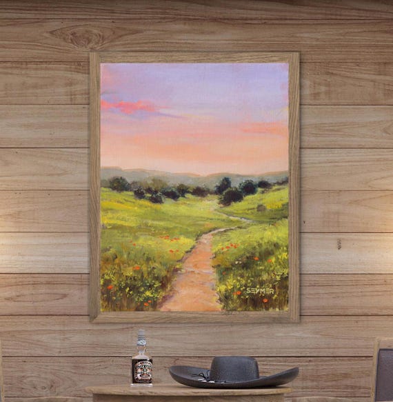 Prairie Rural Landscape Art Print Meadow Oil Painting Green Field Rural Wall Art Clouds Sunset Artwork Cabin Rustic Decor Glassland Path