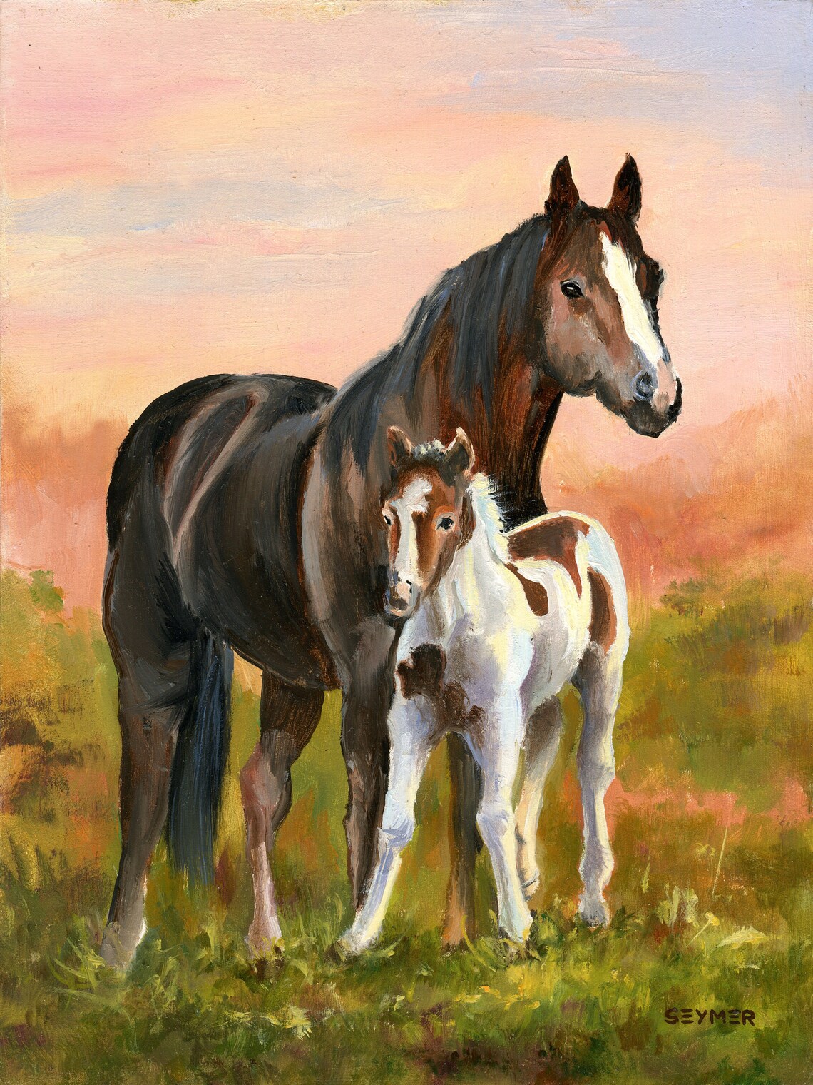 Mare and Colt Horse Oil Painting, Farmhouse Art Print