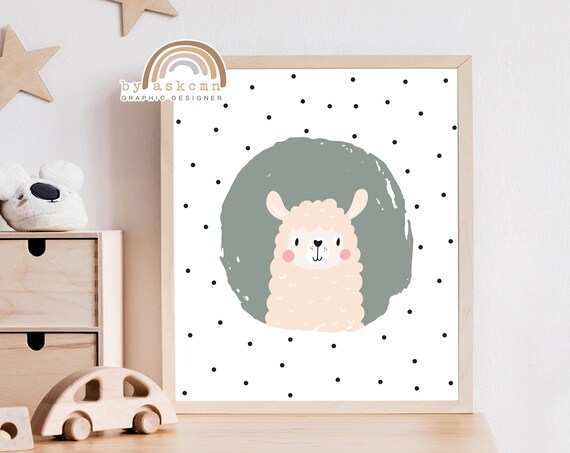 Cute Alpaca Nursery Wall Decor Poster with Sage Green Splash Art