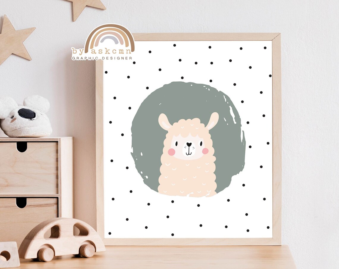 Cute Alpaca Nursery Wall Decor Poster with Sage Green Splash Art