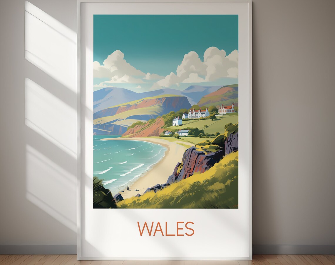 Wales Golden Coastal Cliffs Beach Vintage Style Travel Poster - Image 2