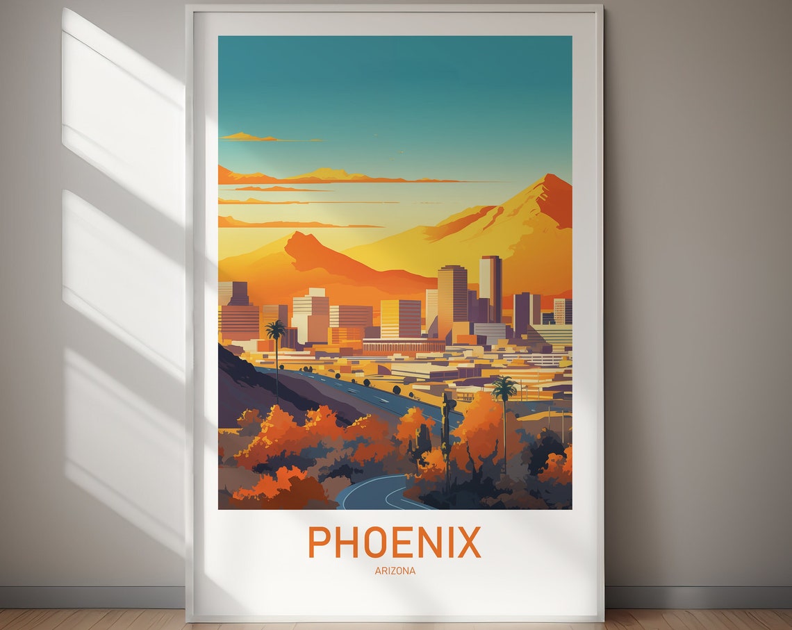 Phoenix Arizona Desert Mountains Sunset Retro Travel Poster Artwork