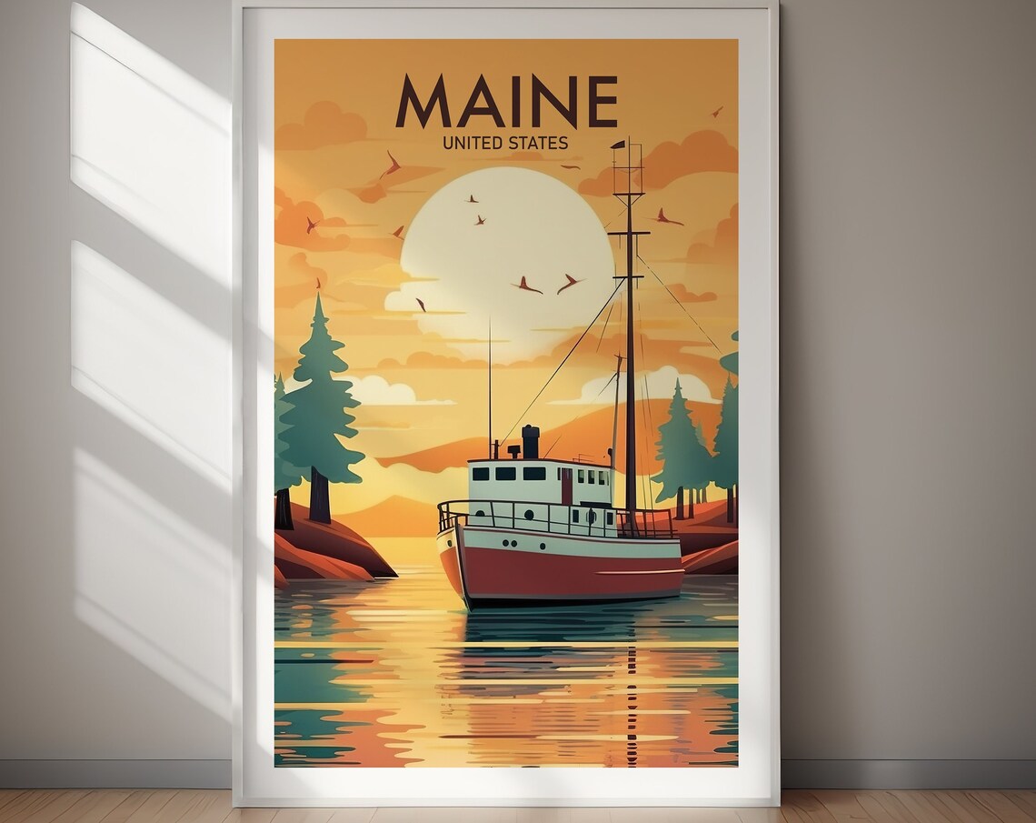 Maine Coastal Fishing Boat Harbor Sunrise Vintage Travel Poster