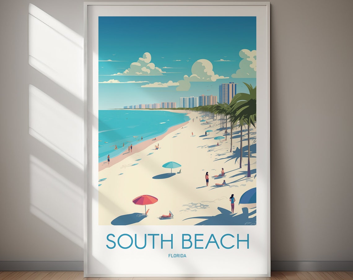 South Beach Florida White Sand Palm Umbrella Travel Art Poster