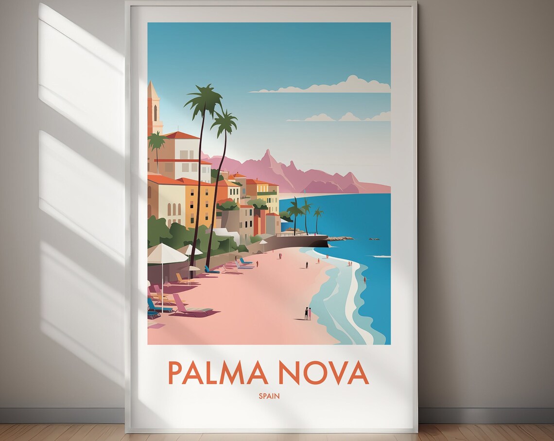 Palma Nova Spain Pink Beach Palms Pastel Coast Travel Poster