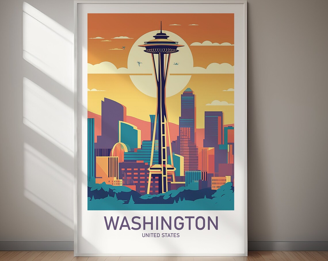 Washington Seattle Space Needle Skyline Sunset Retro Vintage Poster