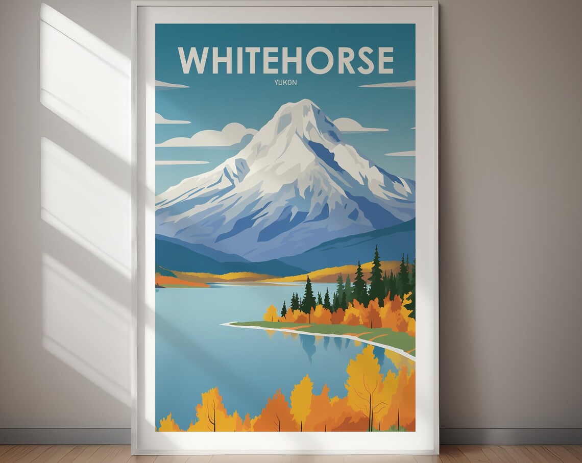 Whitehorse Yukon Snowcapped Mountain Autumn Lake Travel Poster