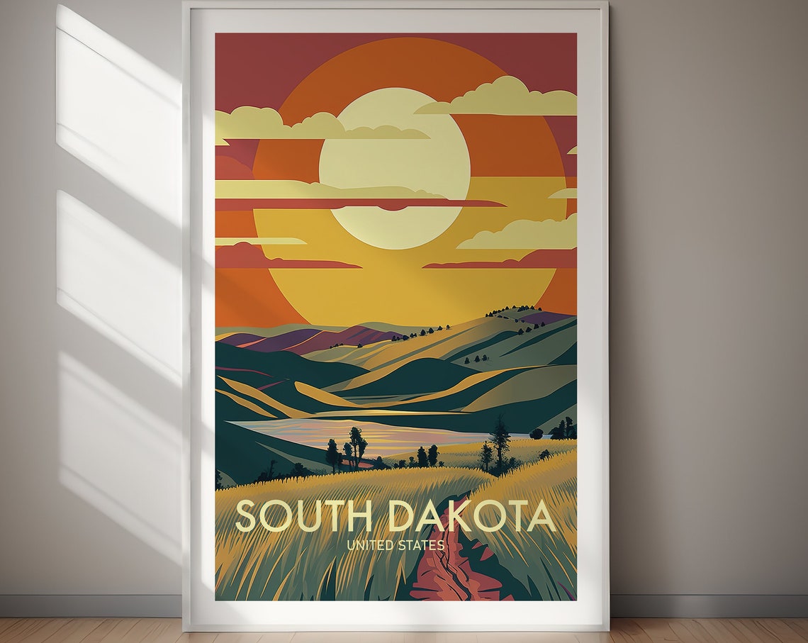 South Dakota Rolling Hills Lake Sunset Vintage Travel Poster