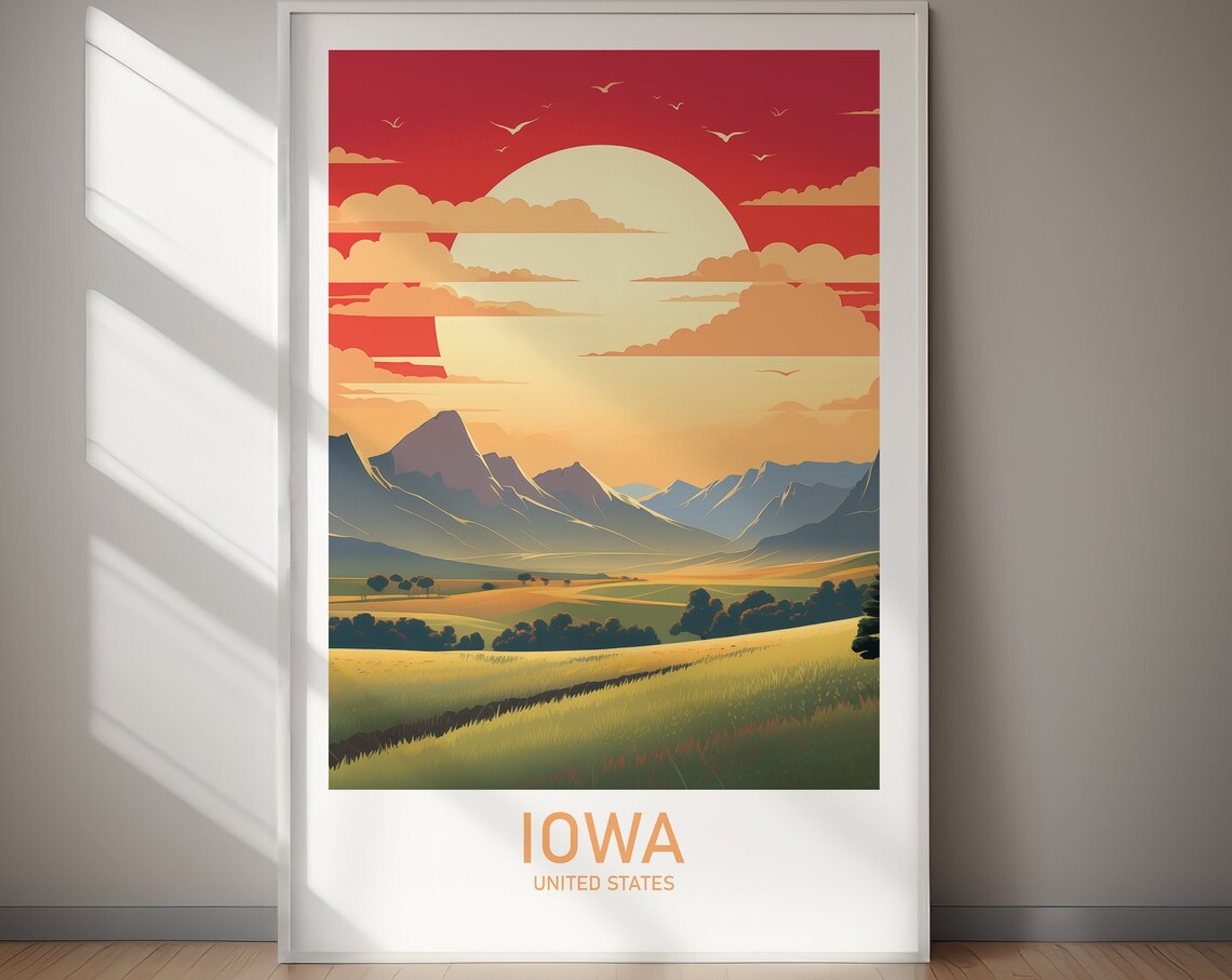 Iowa Golden Harvest Fields Vintage Sunset Retro Travel Poster
